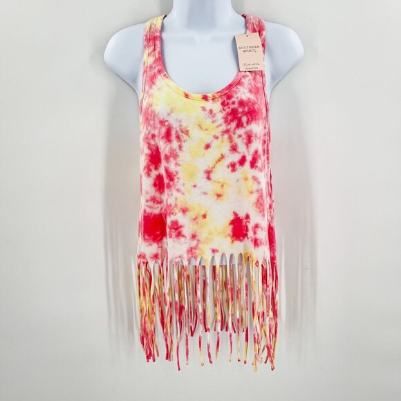 Southern Spirit Tie Dye Fringe Racerback Tank Top Shirt - Picture 1 of 5